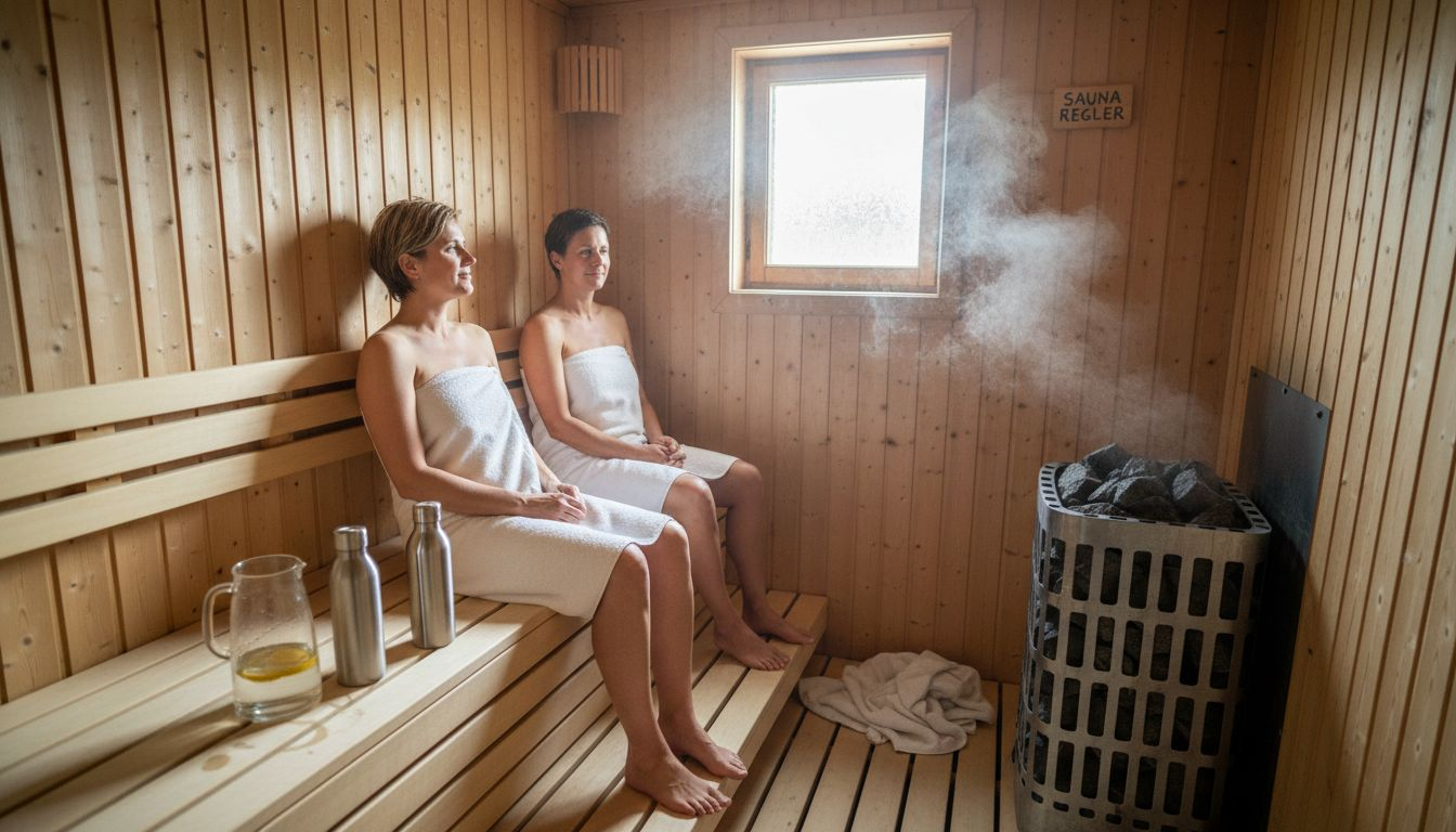 Et par nyder roen og varmen i saunaen, mens de passer på sig selv med vandflasker ved hånden.