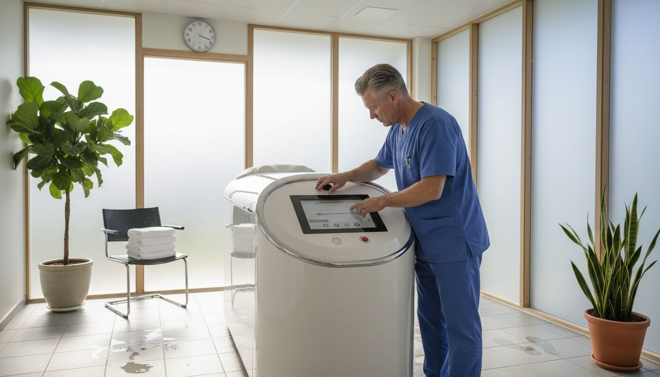 En behandler justerer vandmassagen på klinikken for at sikre den bedste oplevelse for patienten.