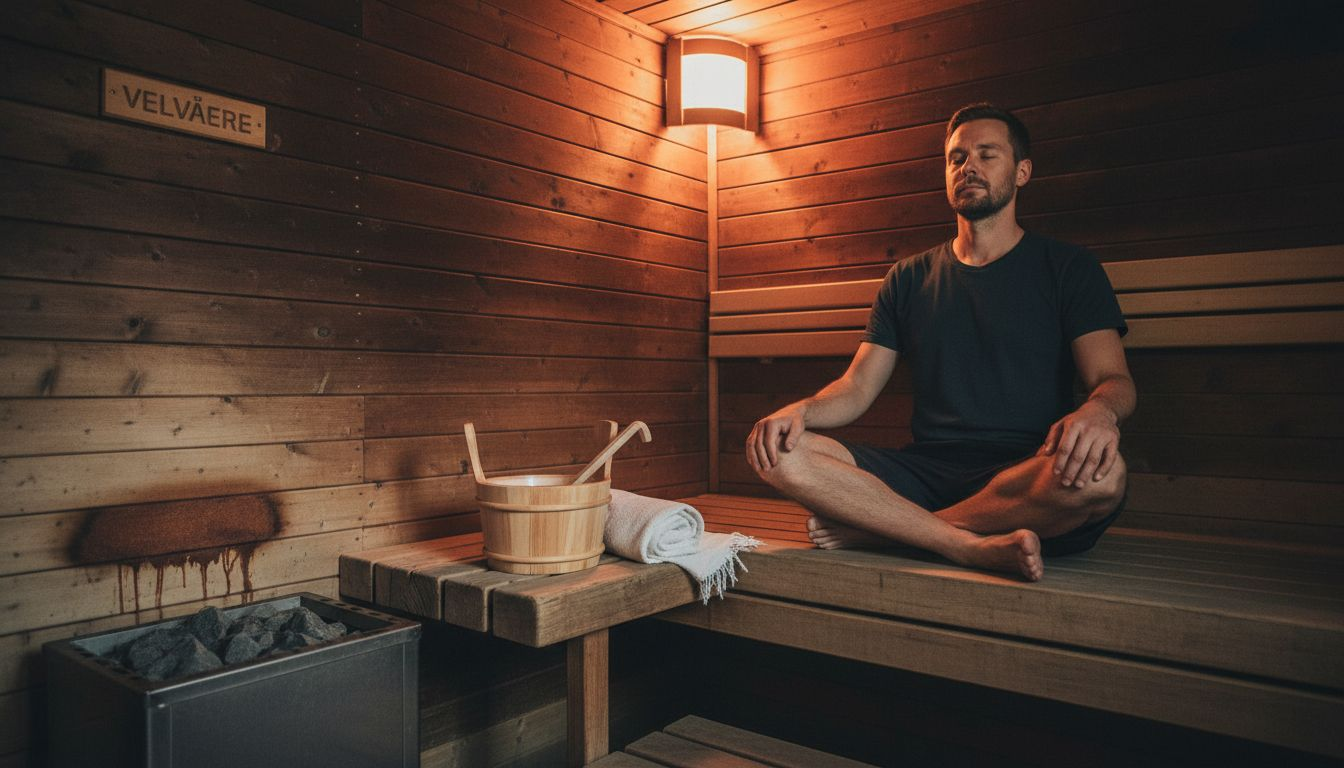 En mand sidder i saunaen og øver sig på afslappende vejrtrækning.