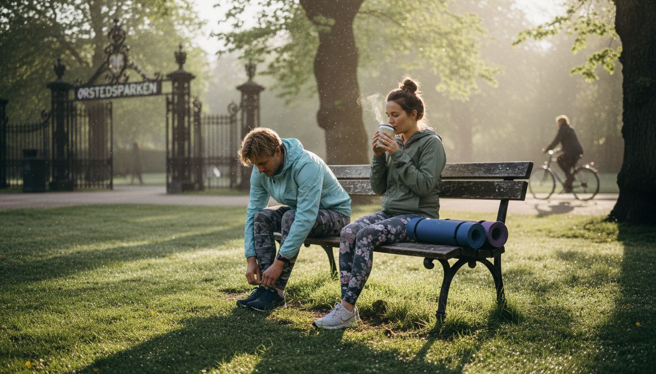 Et par nyder en rolig morgen med velværeøvelser i en af Københavns grønne parker.