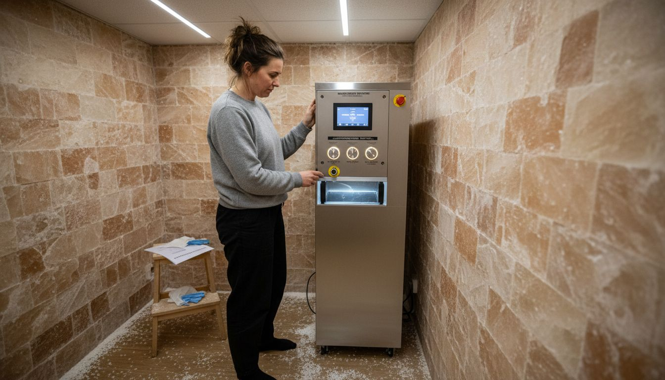 En tekniker er i gang med at finjustere halogeneratoren i saltrummet.