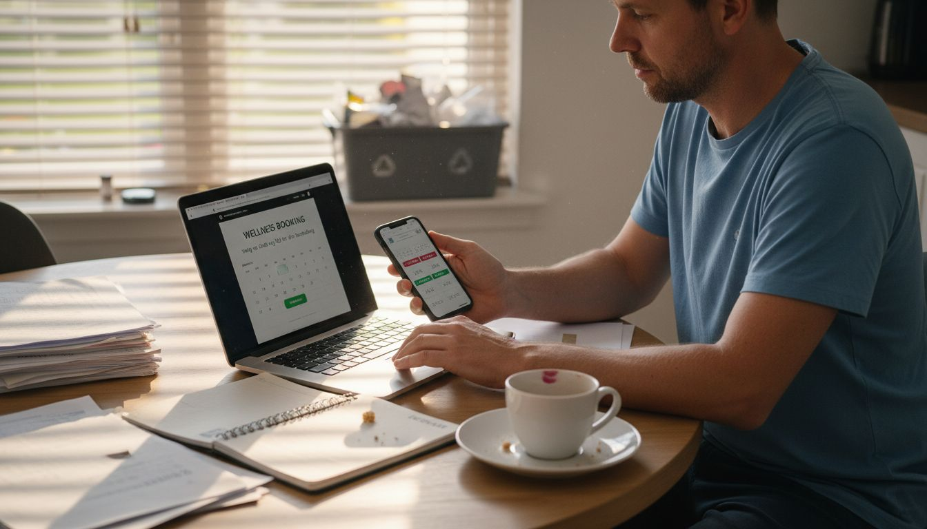 En mand sidder ved køkkenbordet og bestiller tid til wellness.