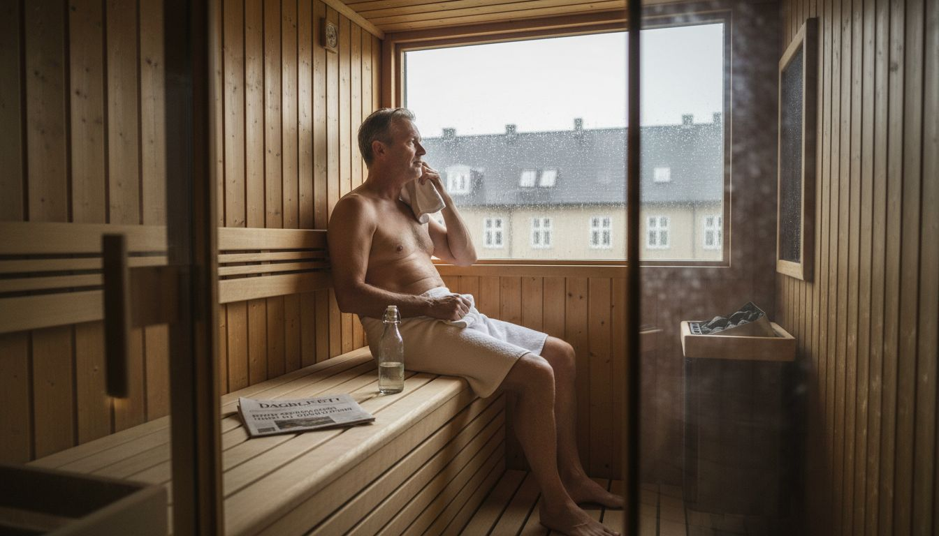 En mand nyder en afslappende stund i saunaen med udsigt over byen.