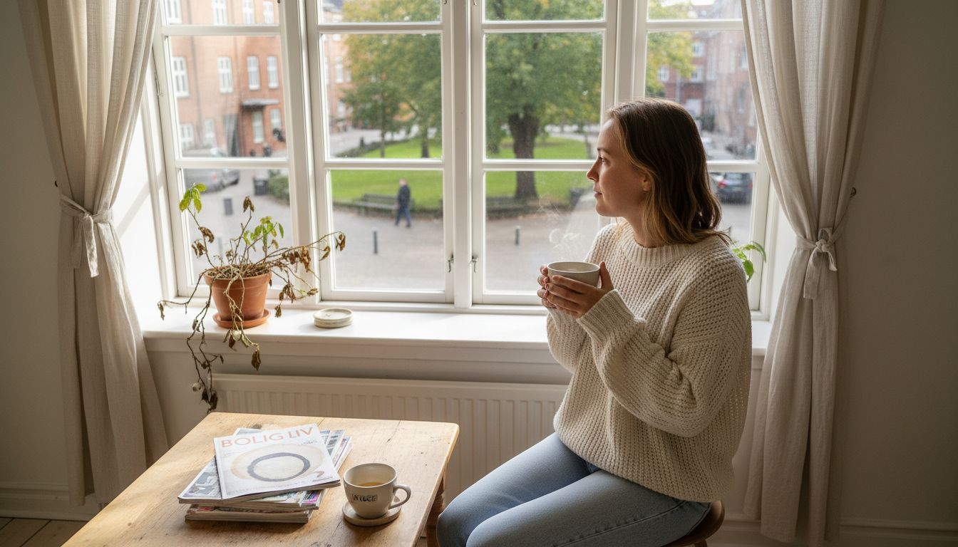 Kvinde nyder et øjebliks velvære i sin lejlighed i København