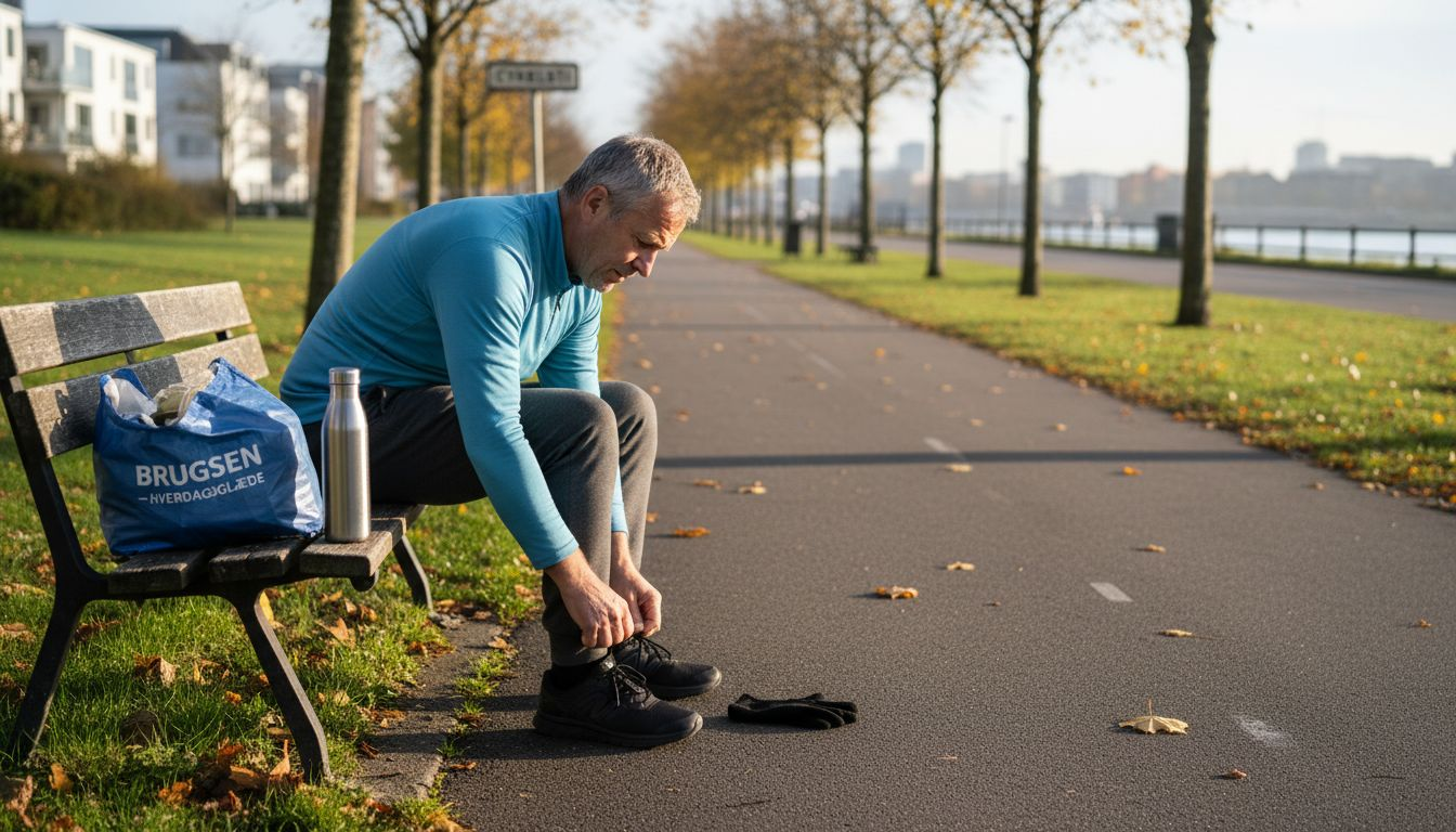 En mand gør sig klar til sin morgenrutine under åben himmel, hvor han fokuserer på velvære og en god start på dagen.