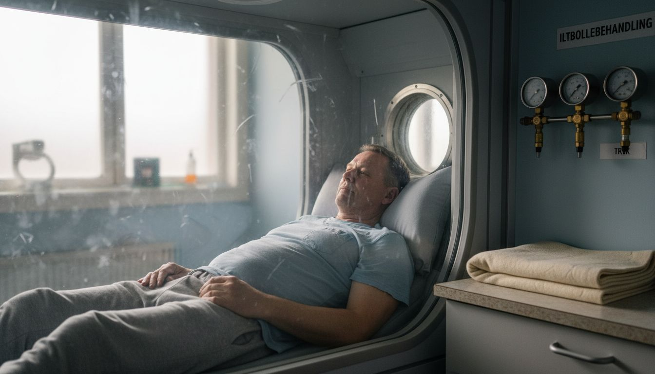 Patient modtager behandling i trykkammer med ren ilt