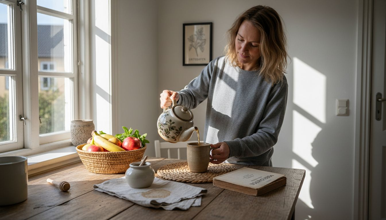 En kvinde starter dagen roligt med en kop te for at få en god begyndelse.