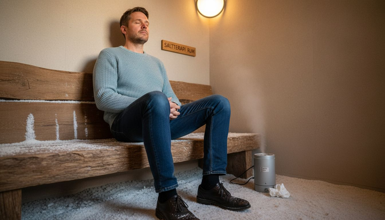 En mand sidder i et terapirum og trækker vejret dybt ind, mens mikroskopiske saltpartikler spredes i luften omkring ham.