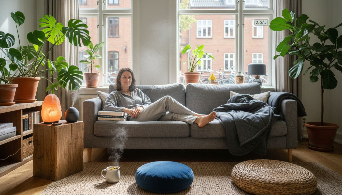 Wellness-produkter stillet smukt frem i stuen i en københavnerlejlighed.