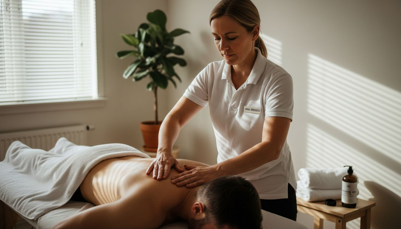 Massør behandler i et lyst og indbydende lokale, hvor solens stråler strømmer ind.