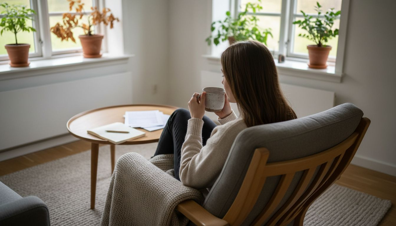 En kvinde slapper af og forkæler sig selv med wellness i en fredelig stue.