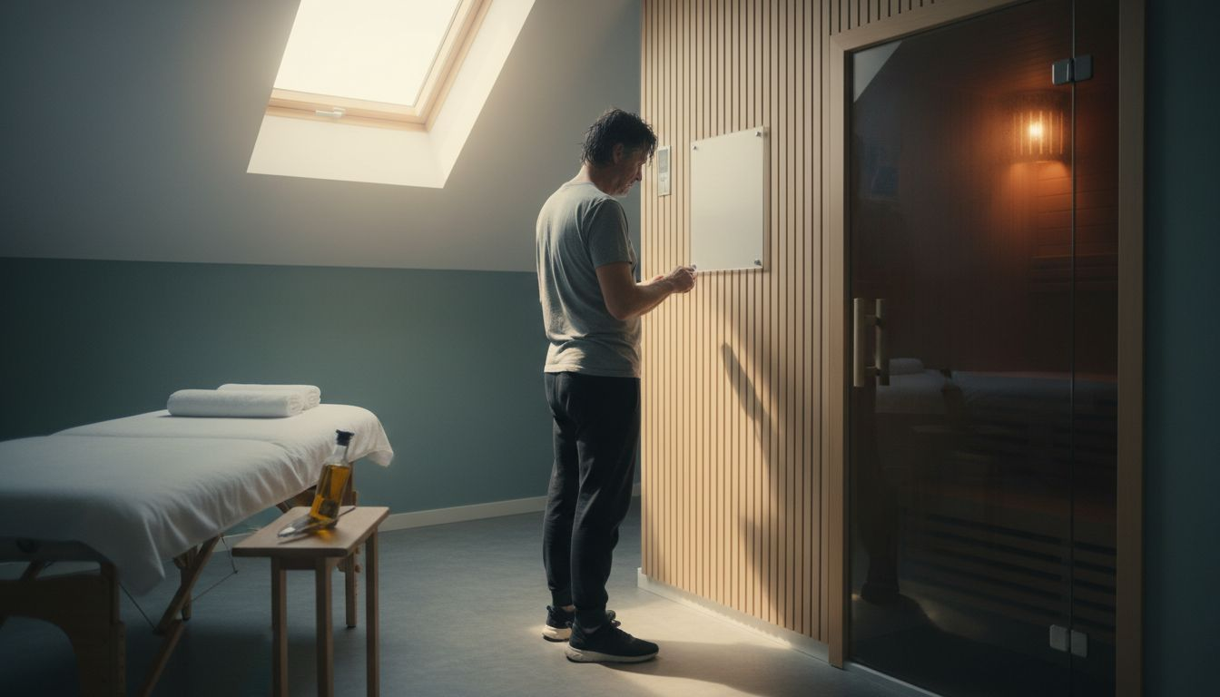 Mand overvejer, om han skal vælge en tur i saunaen eller forkæle sig selv med en massage.