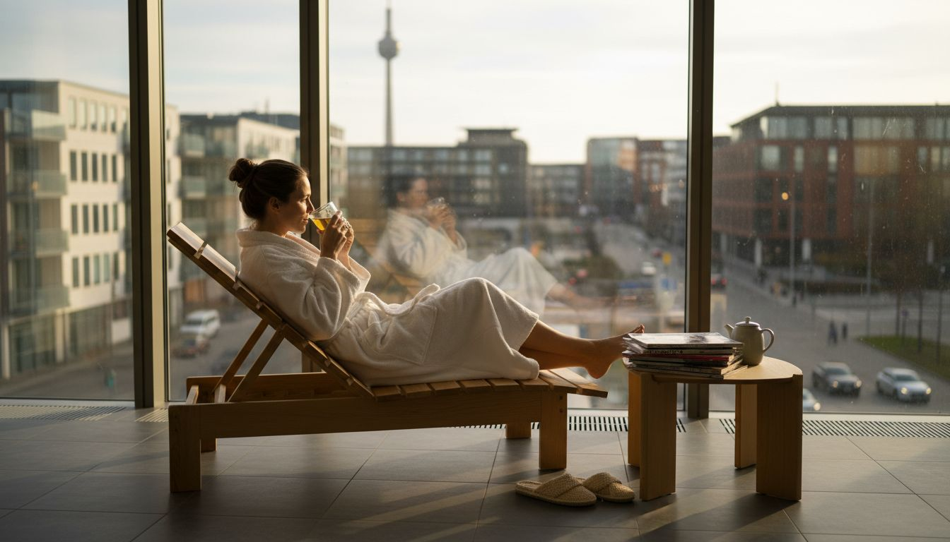 Kvinde nyder afslapning på byens spa med udsigt over byens tage.