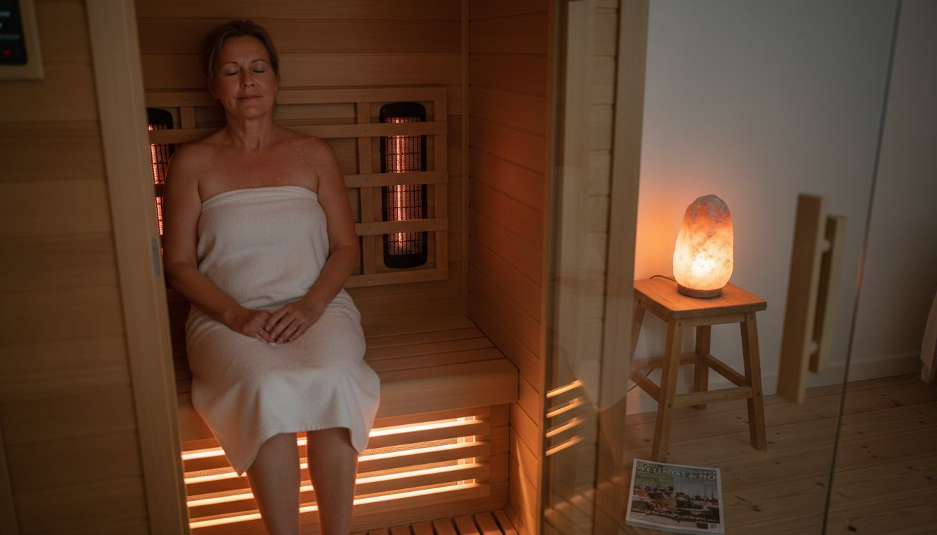 En kvinde nyder roen i en infrarød sauna, mens hun slapper af ved det bløde skær fra en saltlampe.
