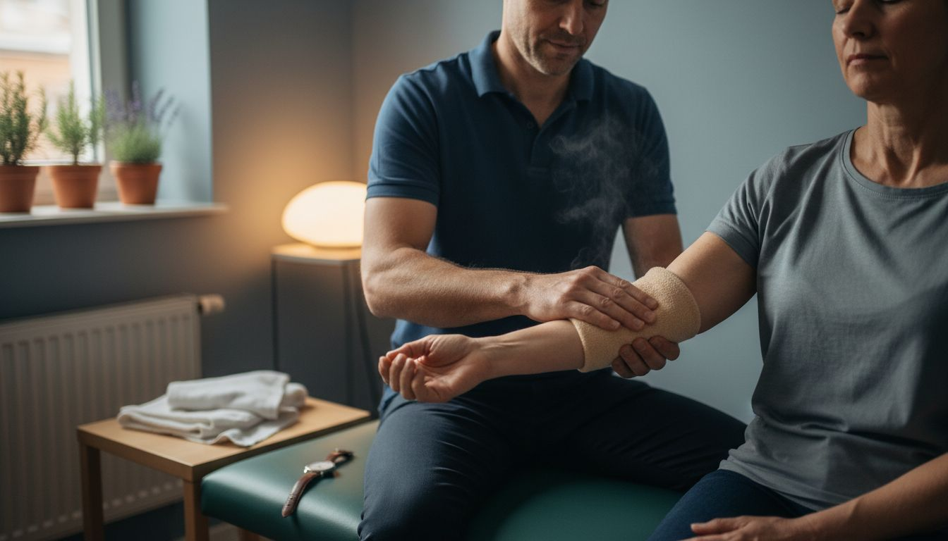 Massøren lægger et varmt omslag om armen for at lindre spændinger.