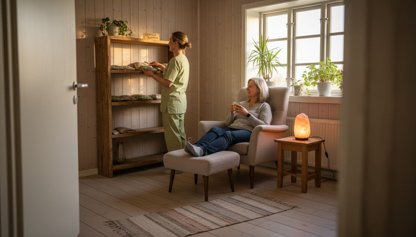 En kvinde får alternativ behandling i et varmt og indbydende lokale.