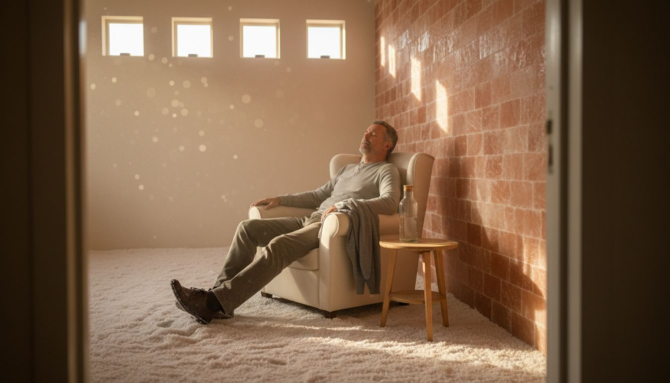 En mand nyder roen og slapper af i et saltterapirum.