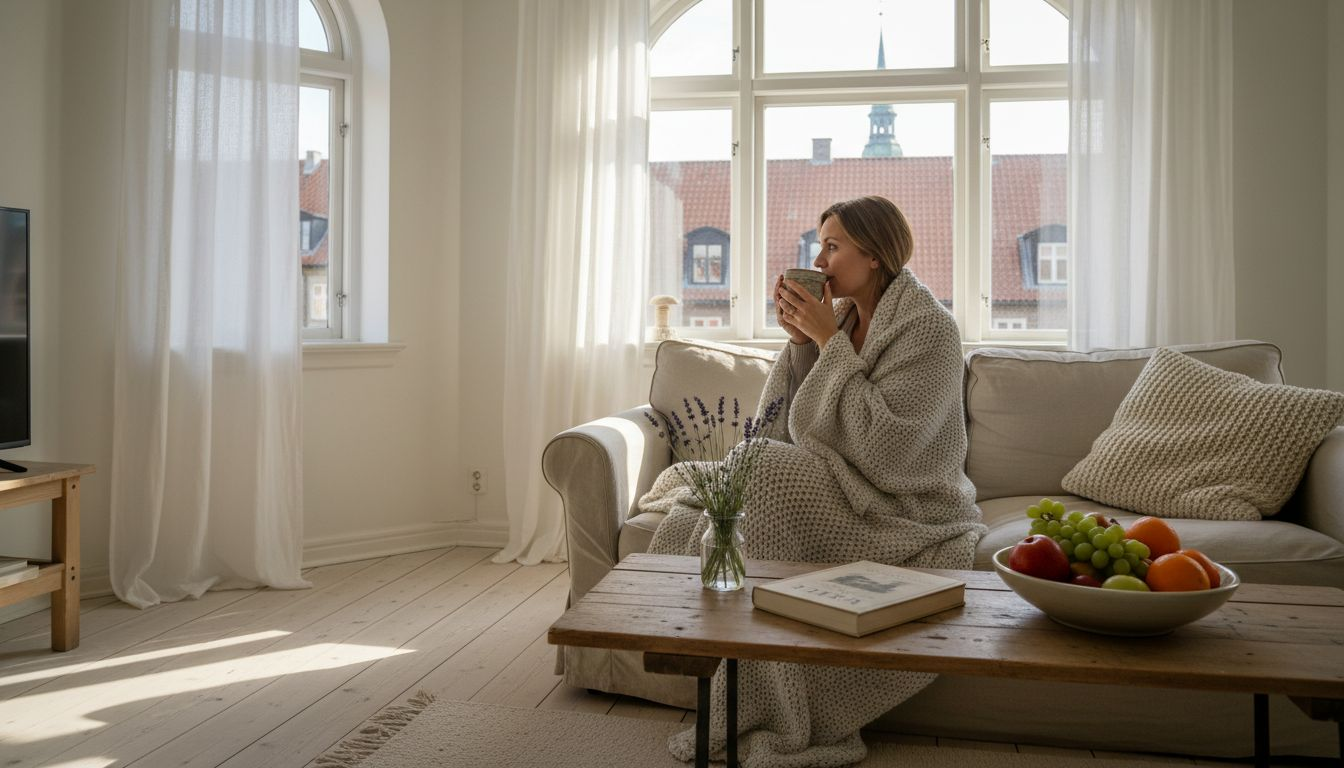 Kvinde nyder velvære med naturlig terapi i sin lejlighed i København