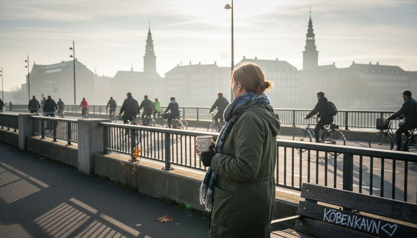 En pendler stopper op på en bro i København og nyder solopgangen.