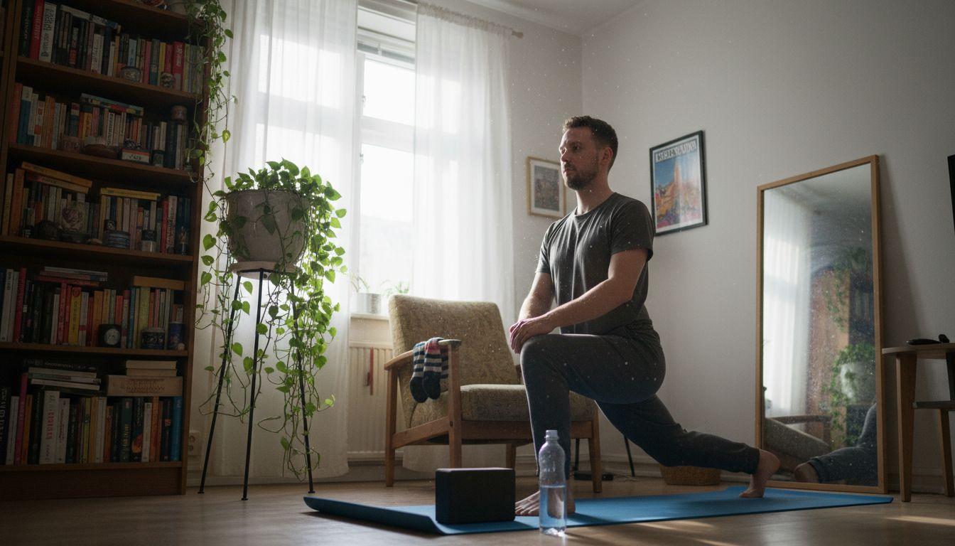 En mand strækker ud i stuen i sin hyggelige lejlighed midt i byen.