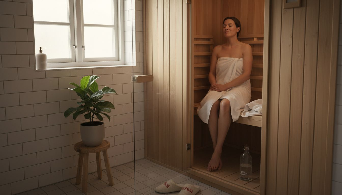 En kvinde nyder en afslappende stund i en infrarød sauna af træ.