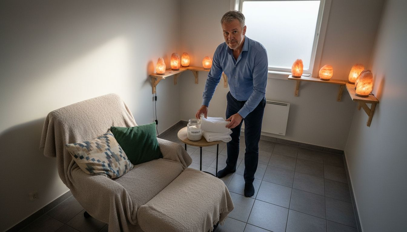 Terapeuten gør saltterapirummet klar til næste behandling