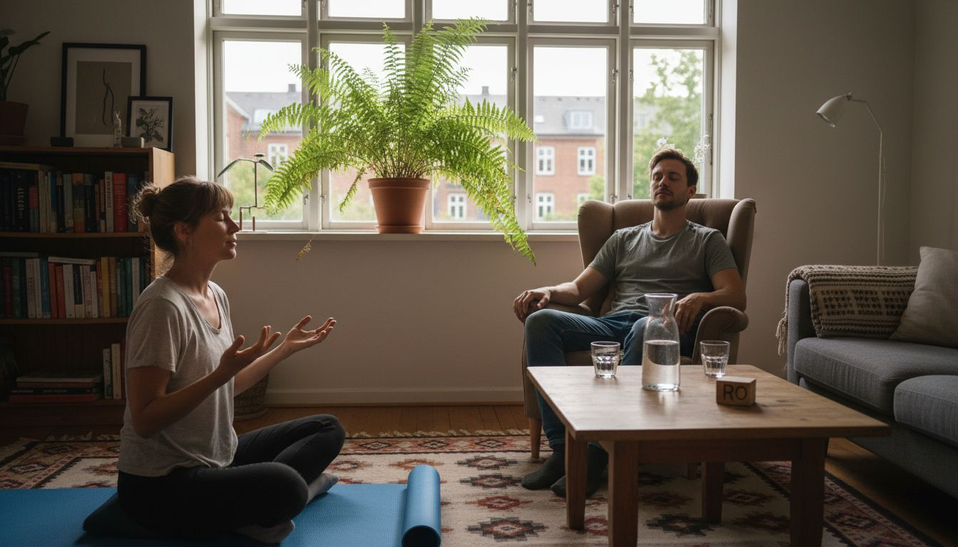 En terapeut fra København guider en åndedrætssession hjemme hos dig.