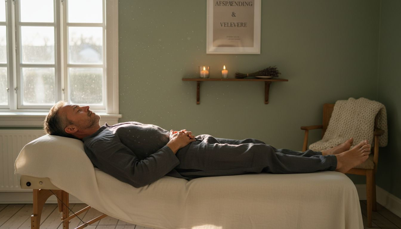 En mand sidder i terapilokalet og laver vejrtrækningsøvelser