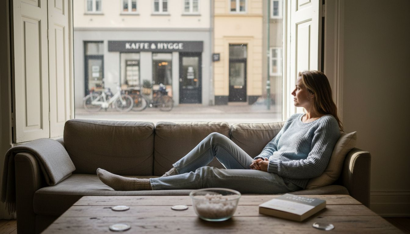 Kvinde nyder en afslappende stund i et allergivenligt loungeområde i København