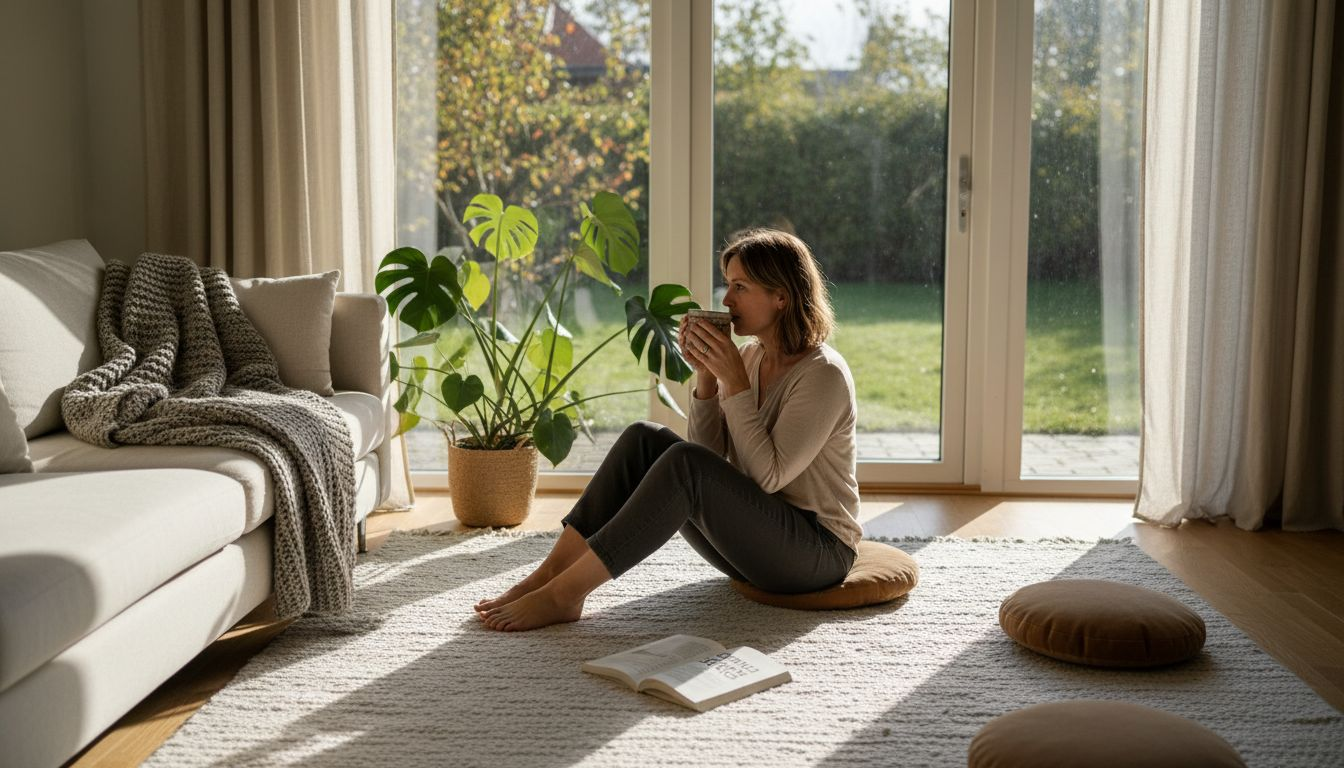 En kvinde nyder et stille øjeblik i naturen, hvor hun finder ro og velvære.
