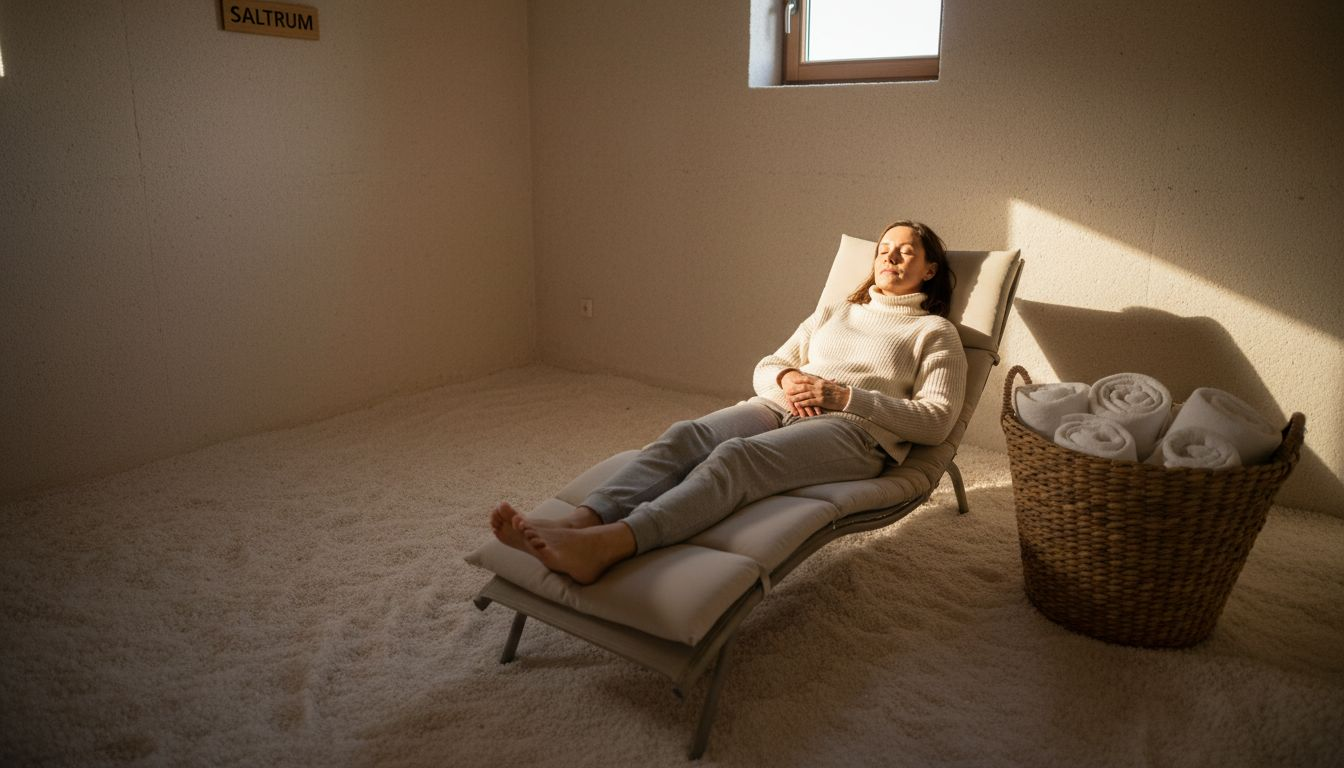 Kvinde nyder en afslappende stund i et saltterapirum i København
