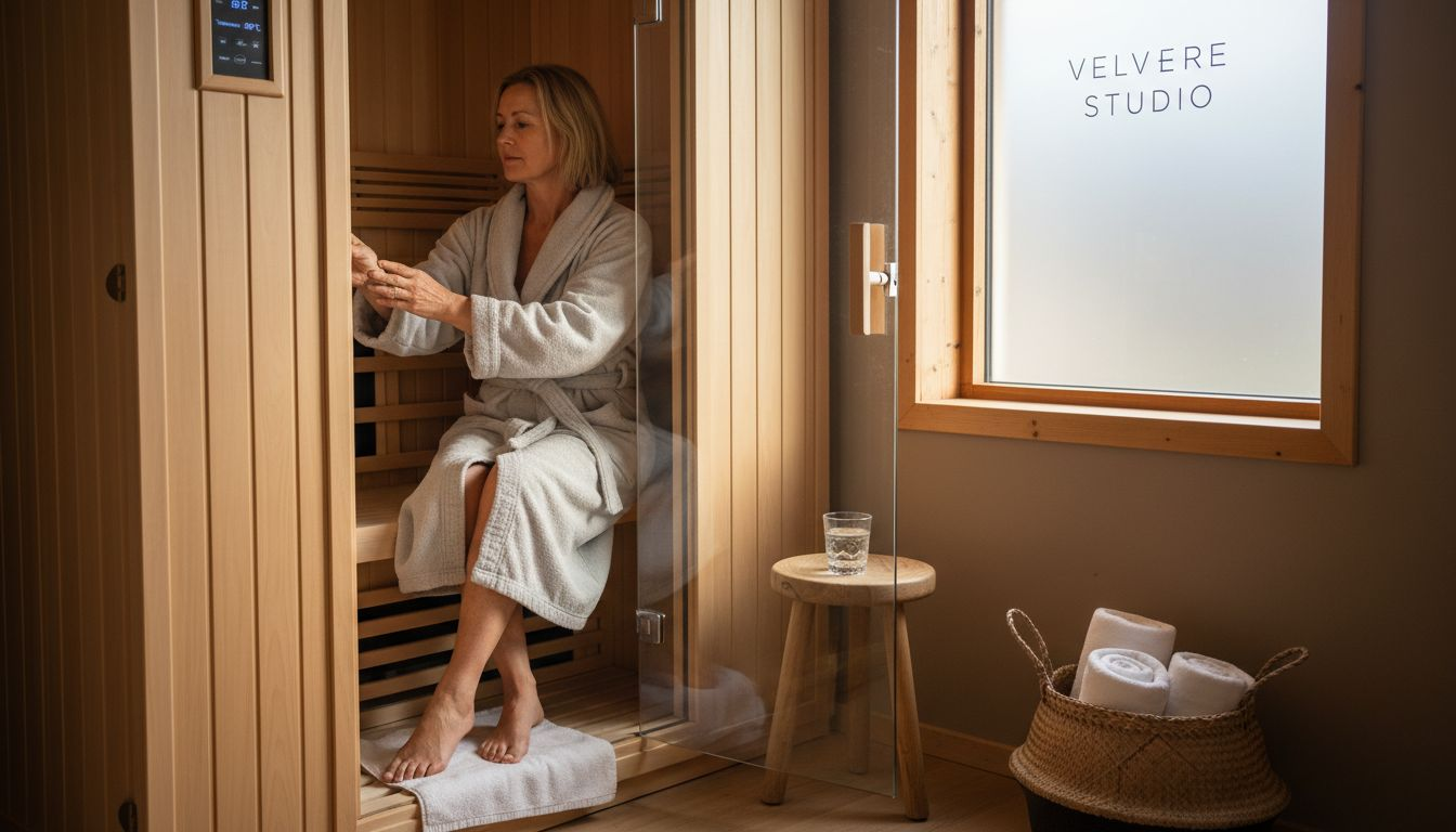En kvinde nyder en afslappende stund i en hyggelig infrarød saunakabine.