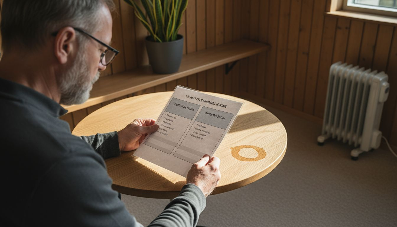 Mand undersøger oversigt over forskellige typer infrarøde saunaer