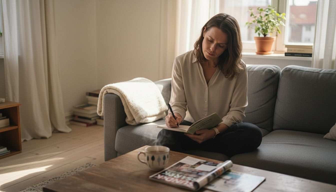 En kvinde sidder afslappet i sofaen og skriver sin personlige sundhedsplan ned i sin notesbog.