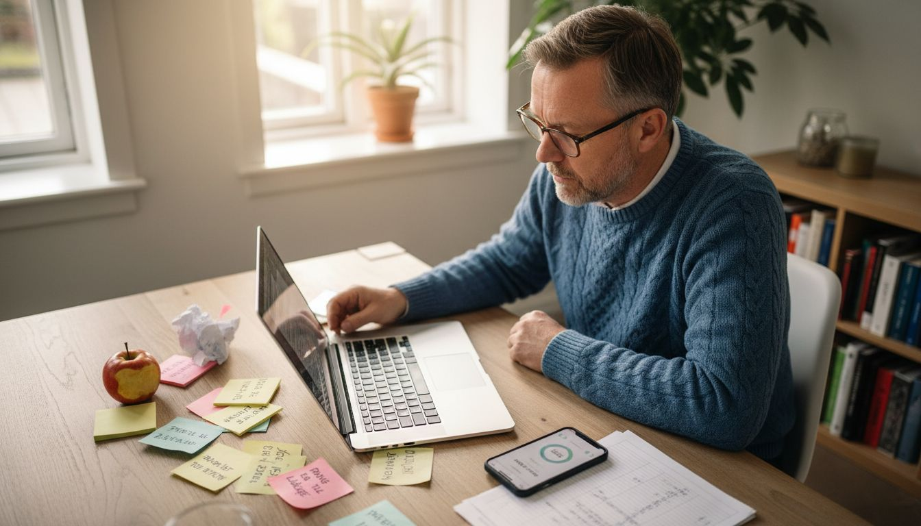 Mand sidder ved bordet og lægger en personlig plan for sin sundhed og velvære