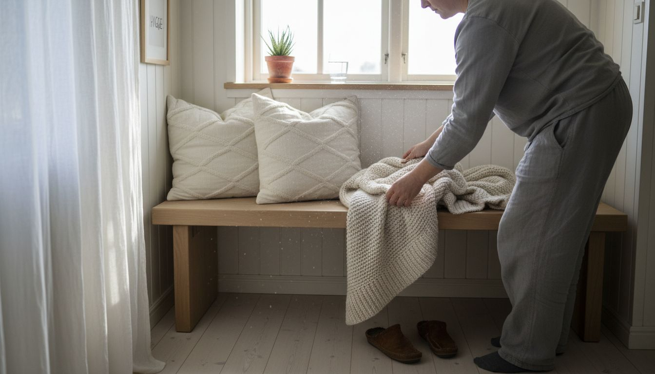 En person gør det ekstra hyggeligt i wellnesshjørnet ved at arrangere bløde puder.