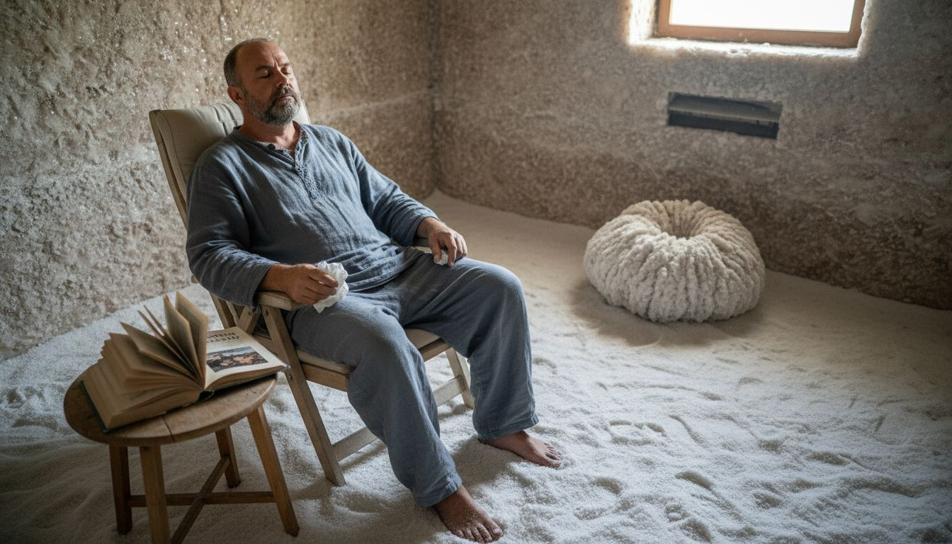 En mand sidder afslappet og trækker vejret roligt i et saltkammer.