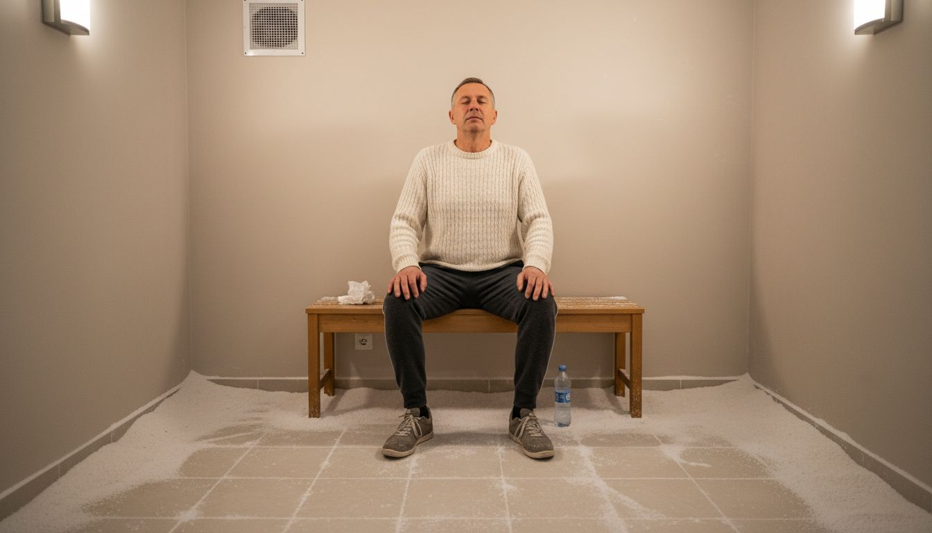 En mand sidder afslappet i et rum til saltterapi