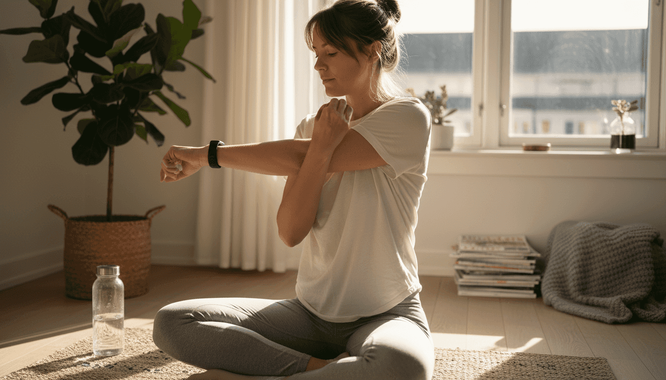 Kvinde der følger sin sundhed og laver udstrækningsøvelser derhjemme