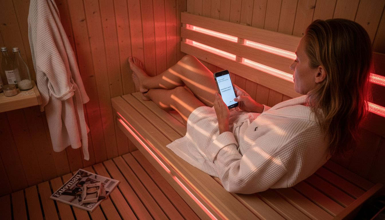 En kvinde slapper af i en infrarød sauna, mens hun tjekker sin mobil.