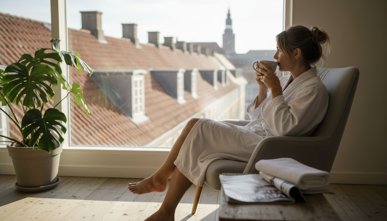 En kvinde nyder en afslappende stund i loungen på et spa i København.