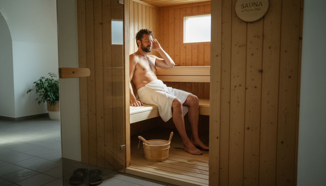 En mand nyder en afslappende stund i en hyggelig trækabine-sauna midt i København.