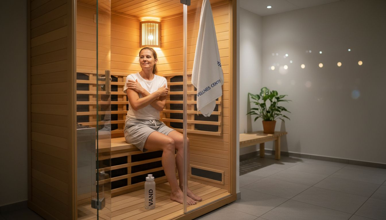Kvinde slapper af i infrarød sauna for at lindre ømme muskler og få dybdegående muskelafspænding.
