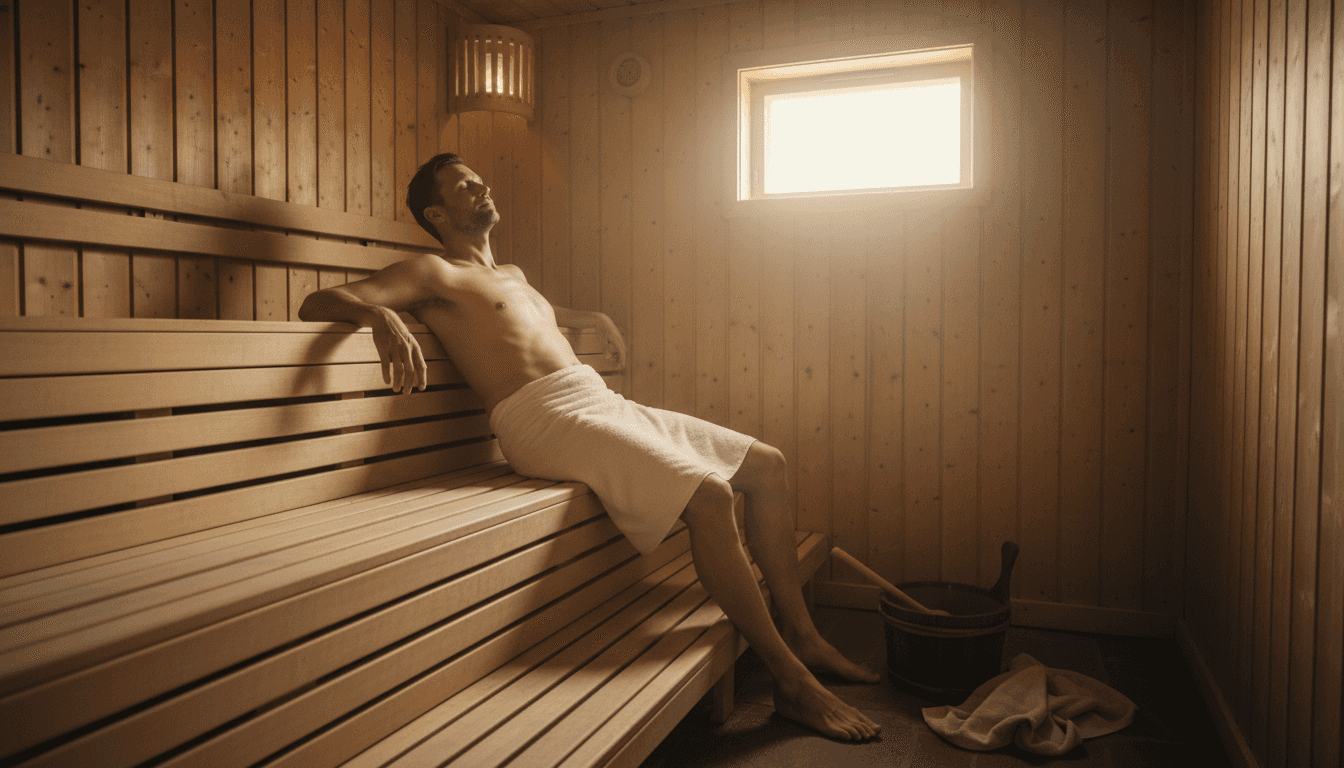 En mand nyder roen på bænken i saunaen, omgivet af en afslappende atmosfære.