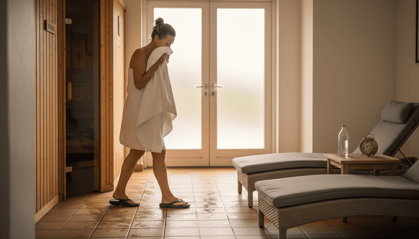 Efter en varm tur i saunaen nyder hun at køle ned, måske med et koldt bad eller lidt frisk luft udenfor.