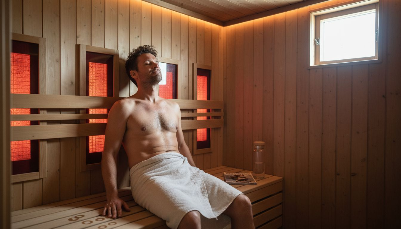 Slapper af i den varme infrarøde sauna i den hyggelige træhytte