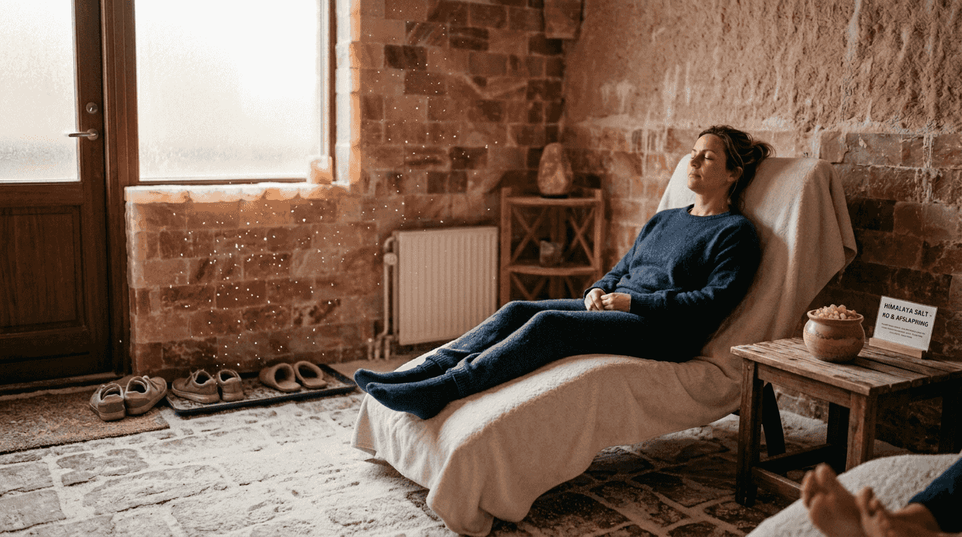 Kvinde ny sop slapper af i et saltterapirum