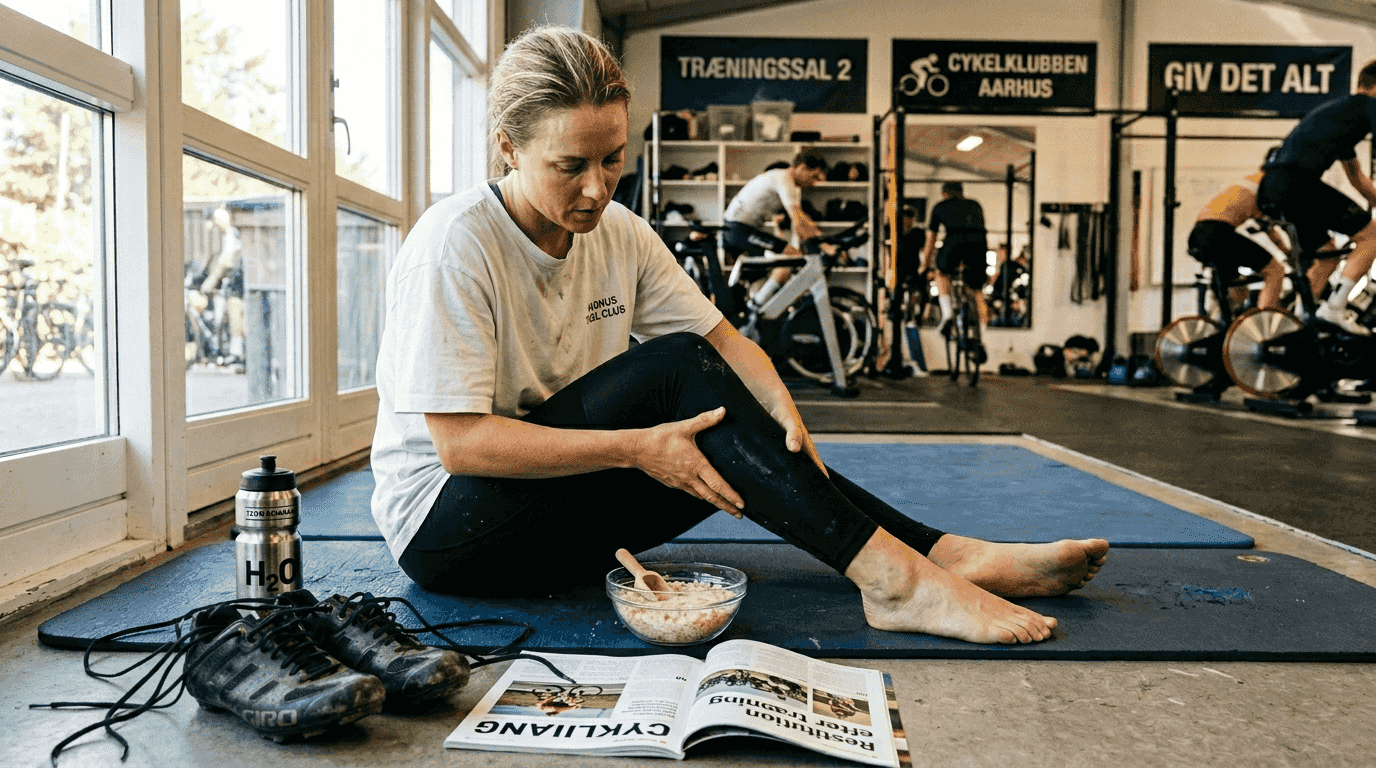 En cykelrytter sidder zoomet ind og masserer læggen, mens en skål med Himalayasalt står klar ved siden af.