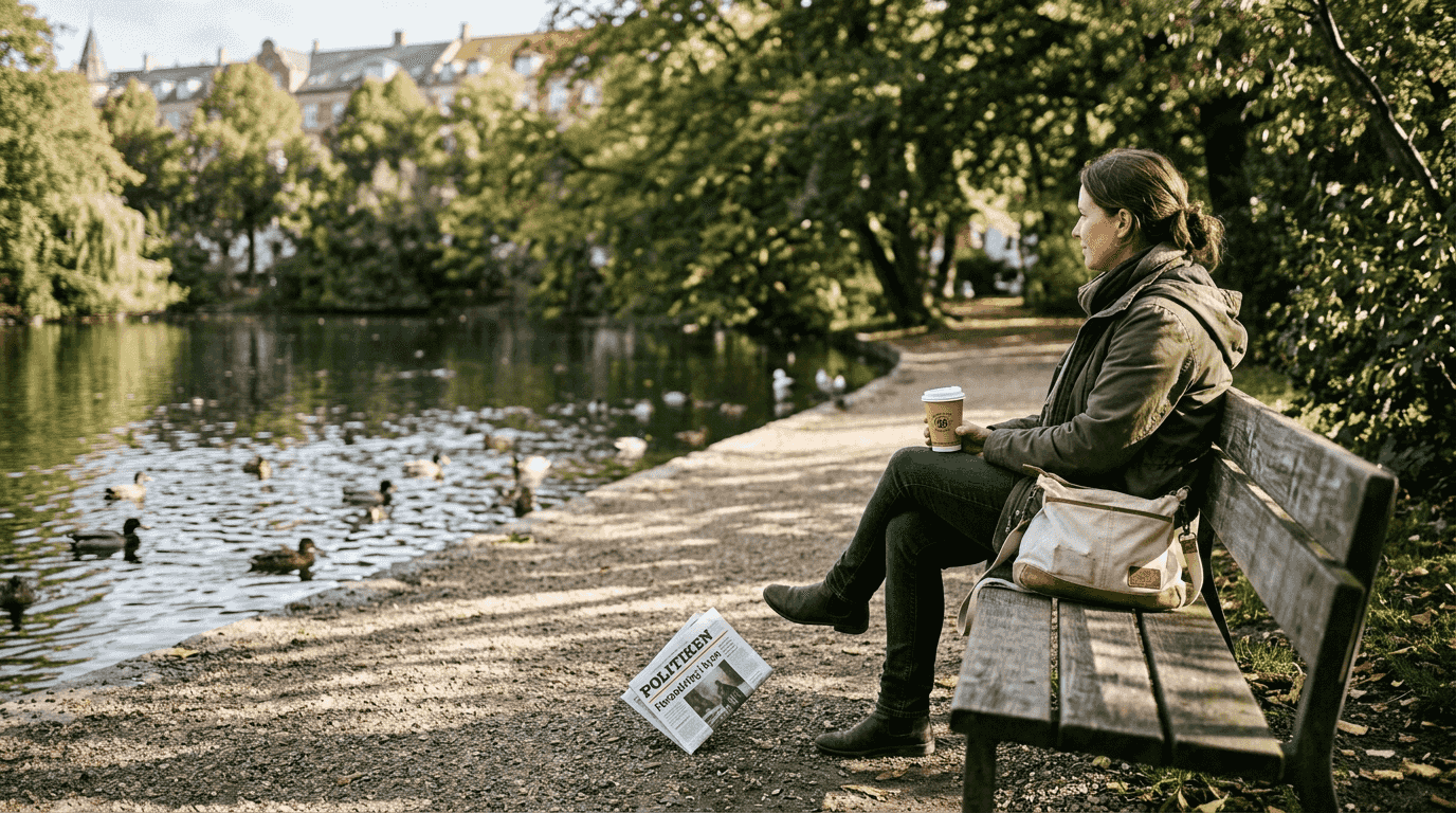 Kvinde nyder en stille stund på en bænk i en københavnsk naturpark