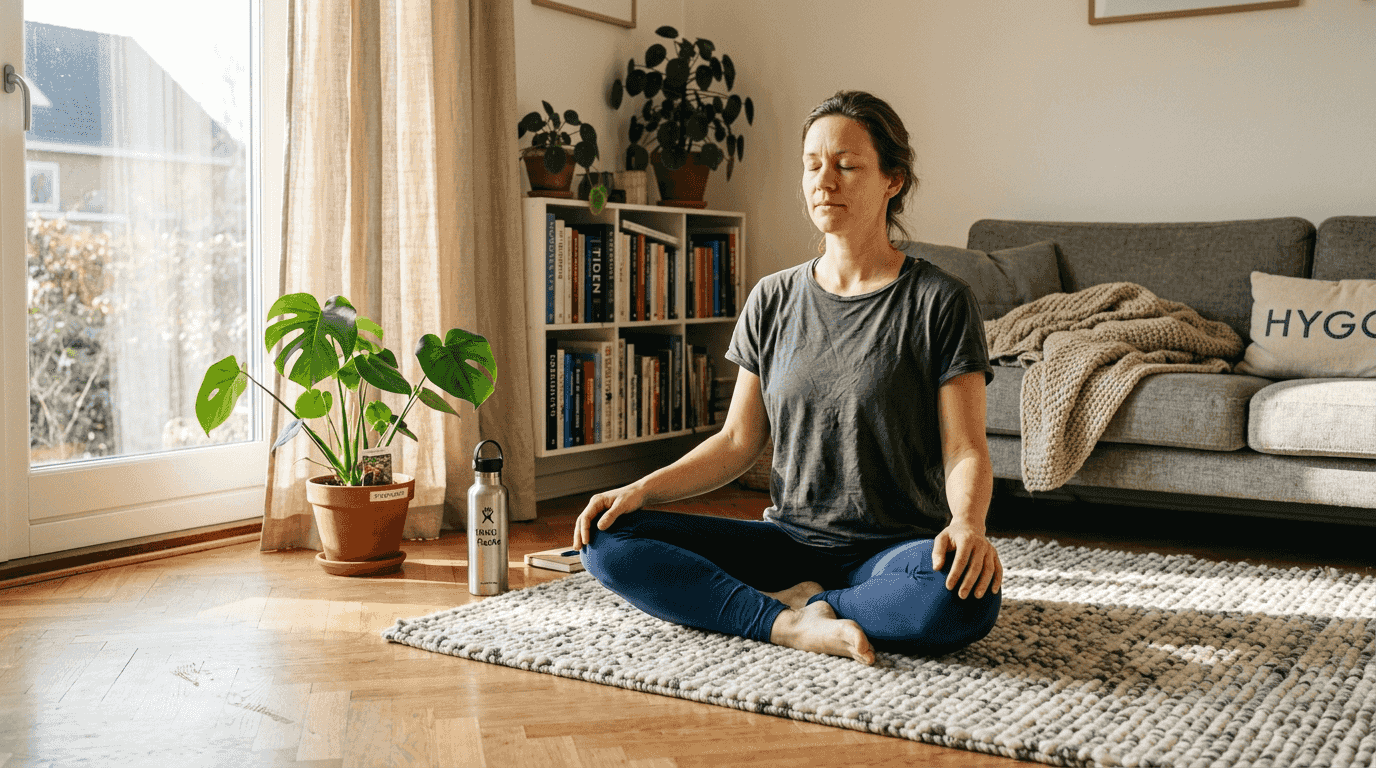 Kvinde sidder derhjemme og øver bevidst vejrtrækning